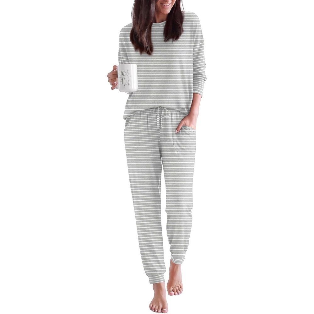 image:imageEkouaer Pajamas for Women Set 2 Piece Long Sleeve Pjs Casual Lounge SetsGrey Striped