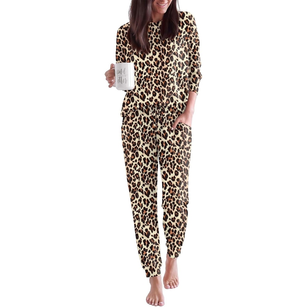 image:imageEkouaer Pajamas for Women Set 2 Piece Long Sleeve Pjs Casual Lounge SetsLeopard