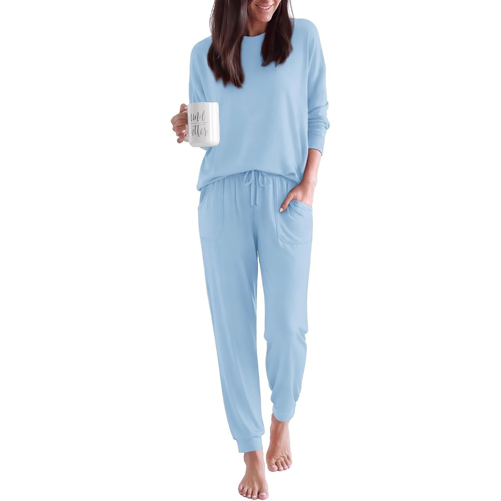 image:imageEkouaer Pajamas for Women Set 2 Piece Long Sleeve Pjs Casual Lounge SetsLight Blue