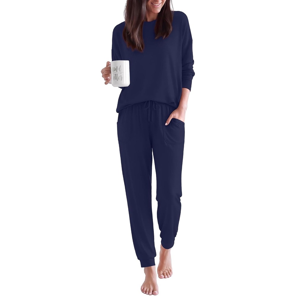 image:imageEkouaer Pajamas for Women Set 2 Piece Long Sleeve Pjs Casual Lounge SetsNavy