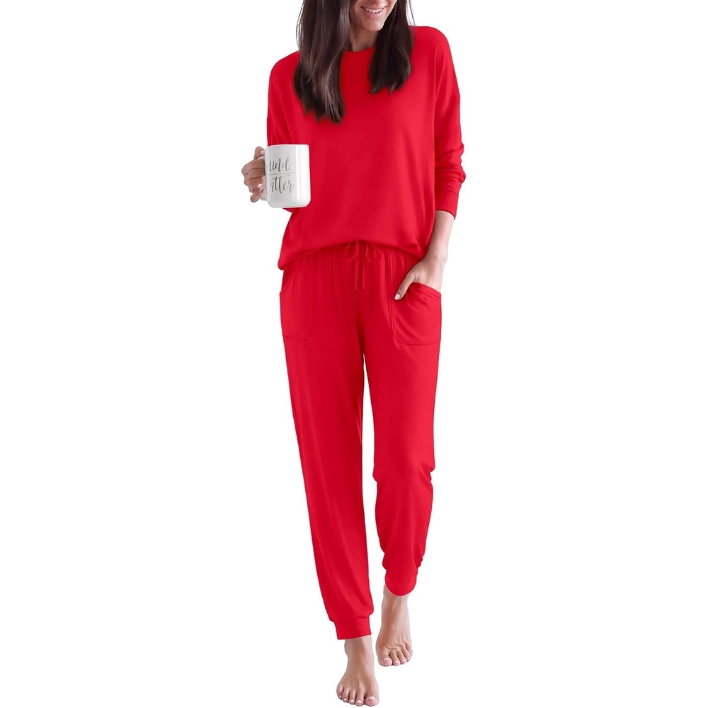 image:imageEkouaer Pajamas for Women Set 2 Piece Long Sleeve Pjs Casual Lounge SetsRed