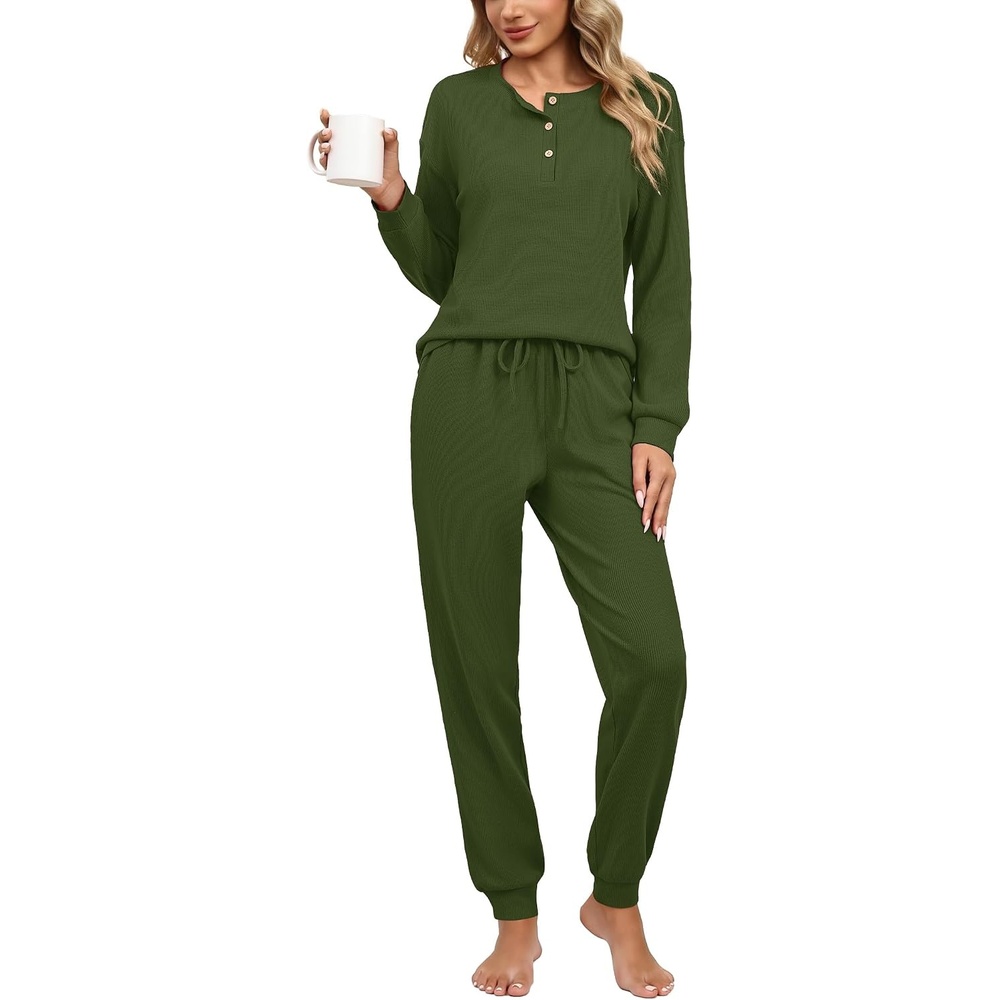 image:imageEkouaer Womens Pajama Sets 2 Piece Soft Pjs Long Sleeve Lounge SetArmy Green