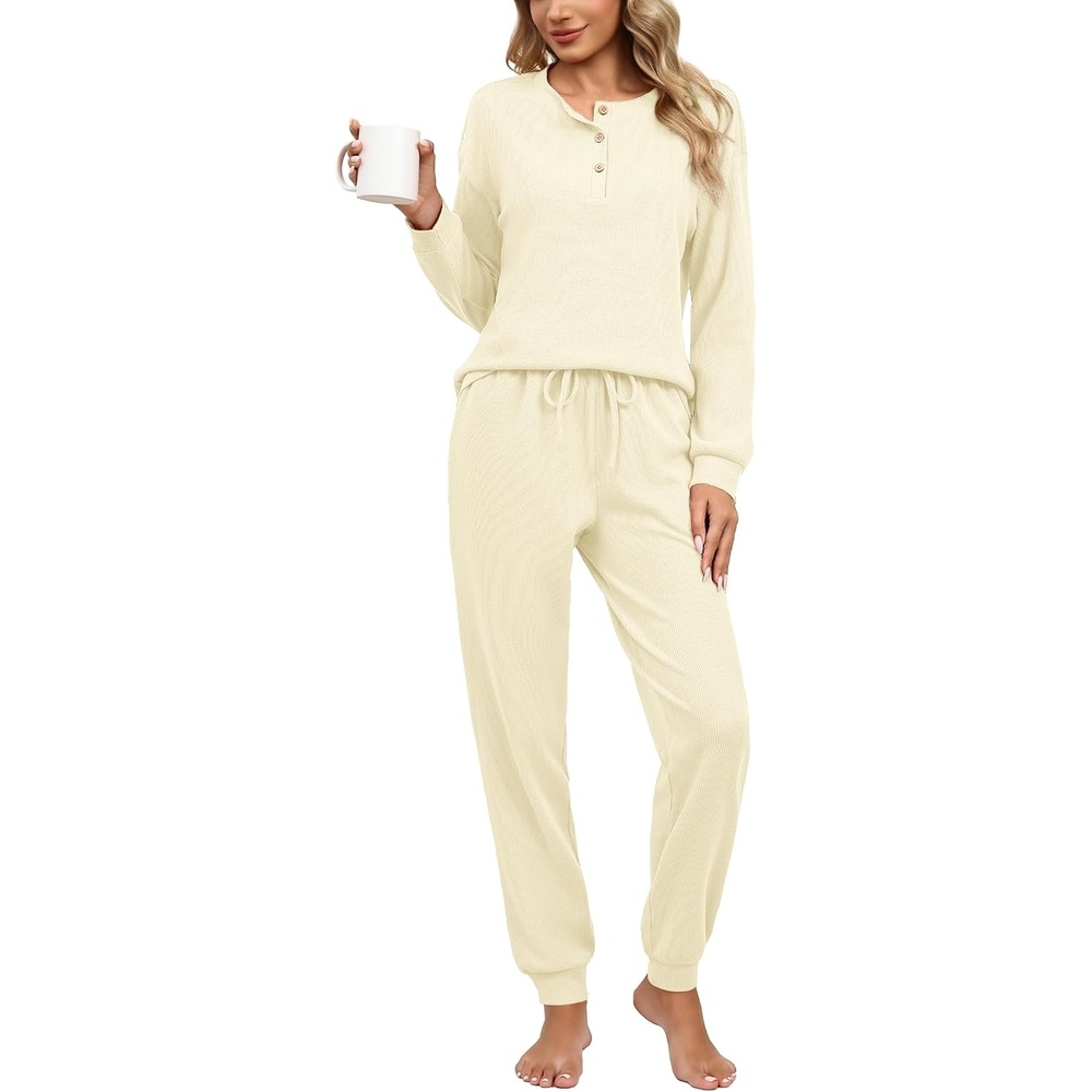 image:imageEkouaer Womens Pajama Sets 2 Piece Soft Pjs Long Sleeve Lounge SetBeige