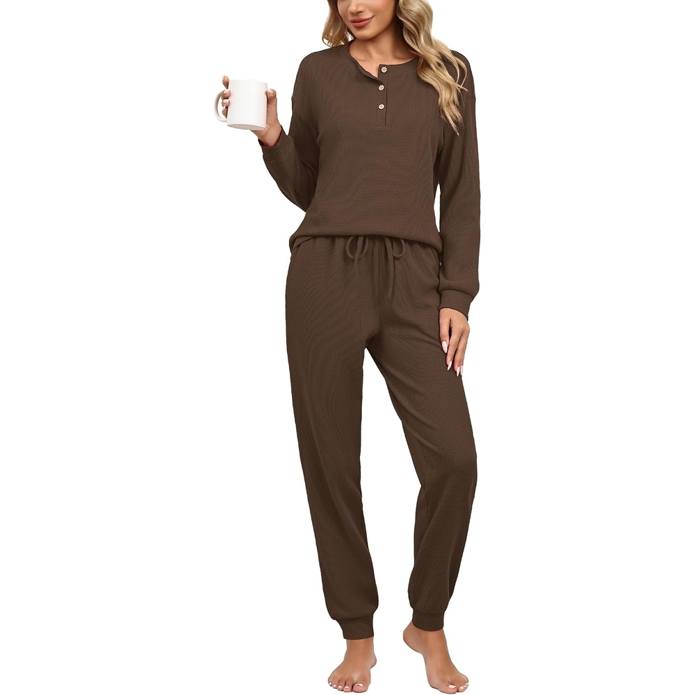 image:imageEkouaer Womens Pajama Sets 2 Piece Soft Pjs Long Sleeve Lounge SetBrown