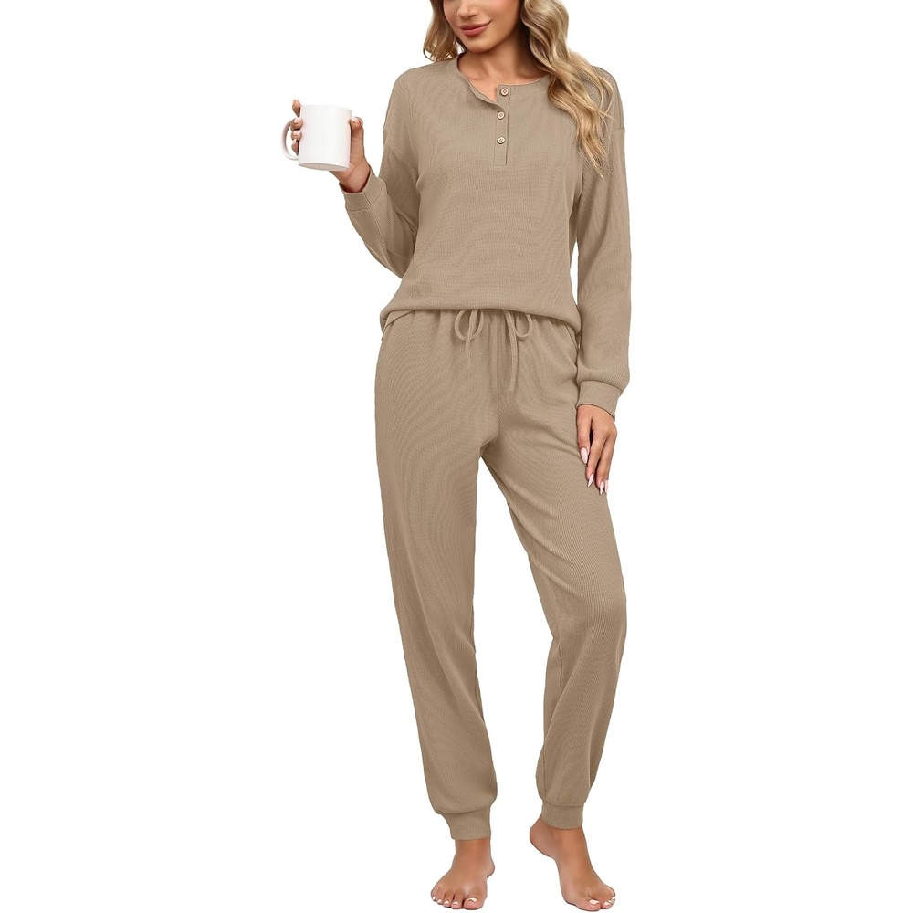image:imageEkouaer Womens Pajama Sets 2 Piece Soft Pjs Long Sleeve Lounge SetKhaki