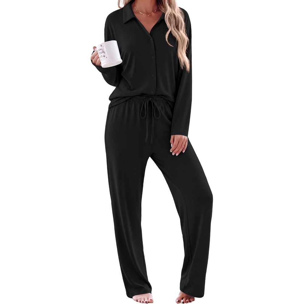 image:imageEkouaer Womens Pajama Sets Long Sleeve Button Down Lounge Sets with PocketsBlack