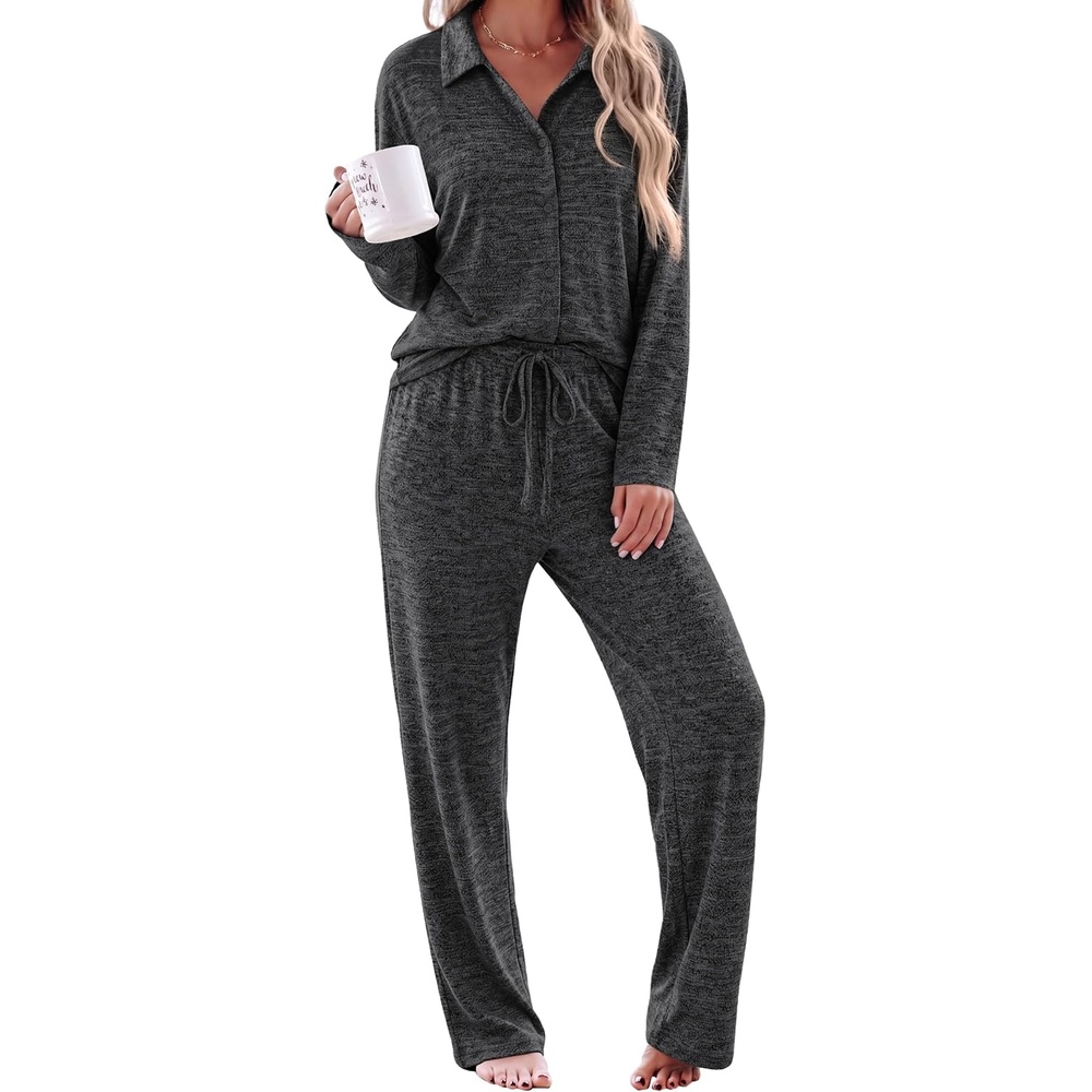 image:imageEkouaer Womens Pajama Sets Long Sleeve Button Down Lounge Sets with PocketsDark Heather Grey