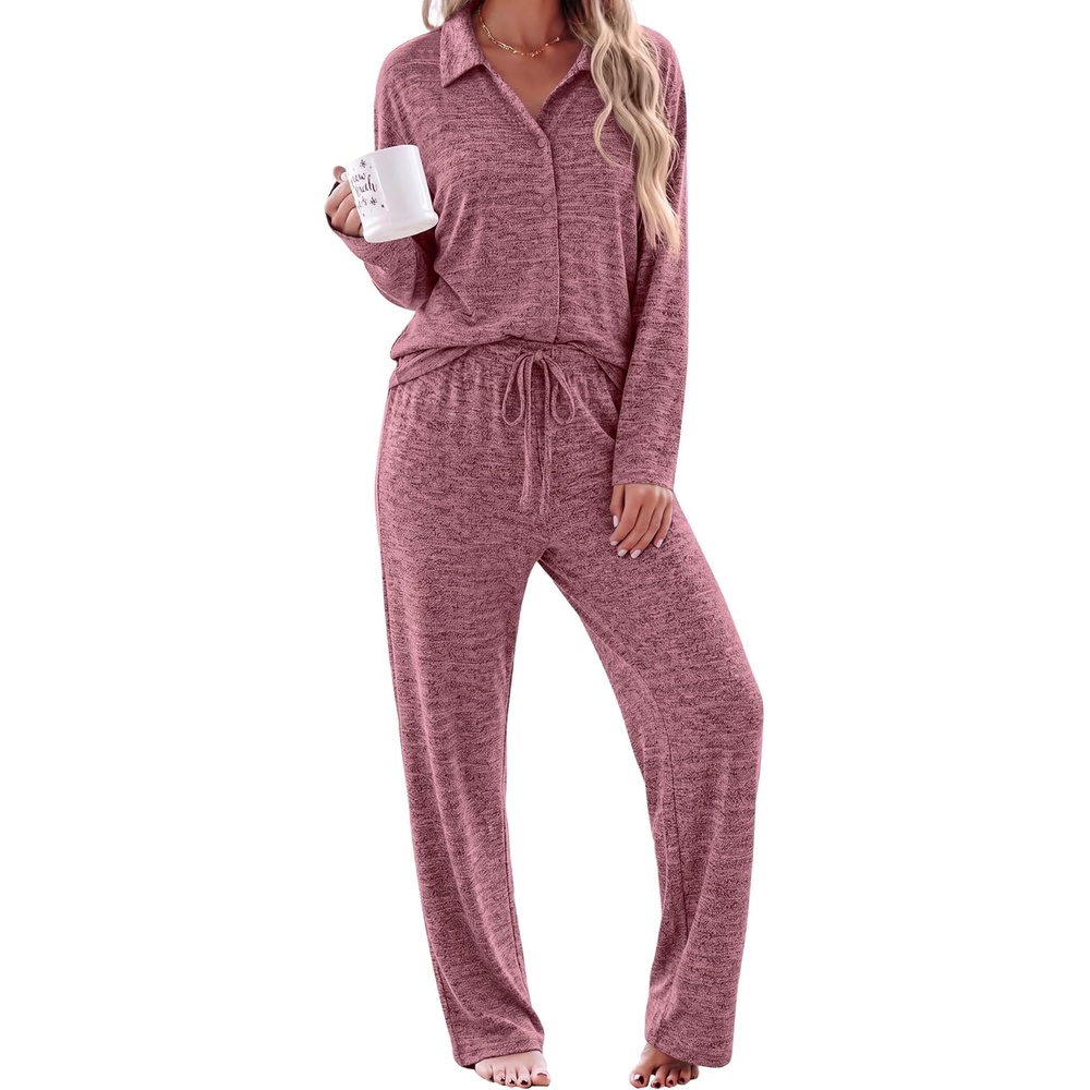 image:imageEkouaer Womens Pajama Sets Long Sleeve Button Down Lounge Sets with PocketsDeep Red