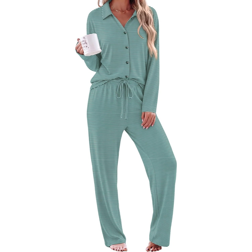 image:imageEkouaer Womens Pajama Sets Long Sleeve Button Down Lounge Sets with PocketsGreen White Striped