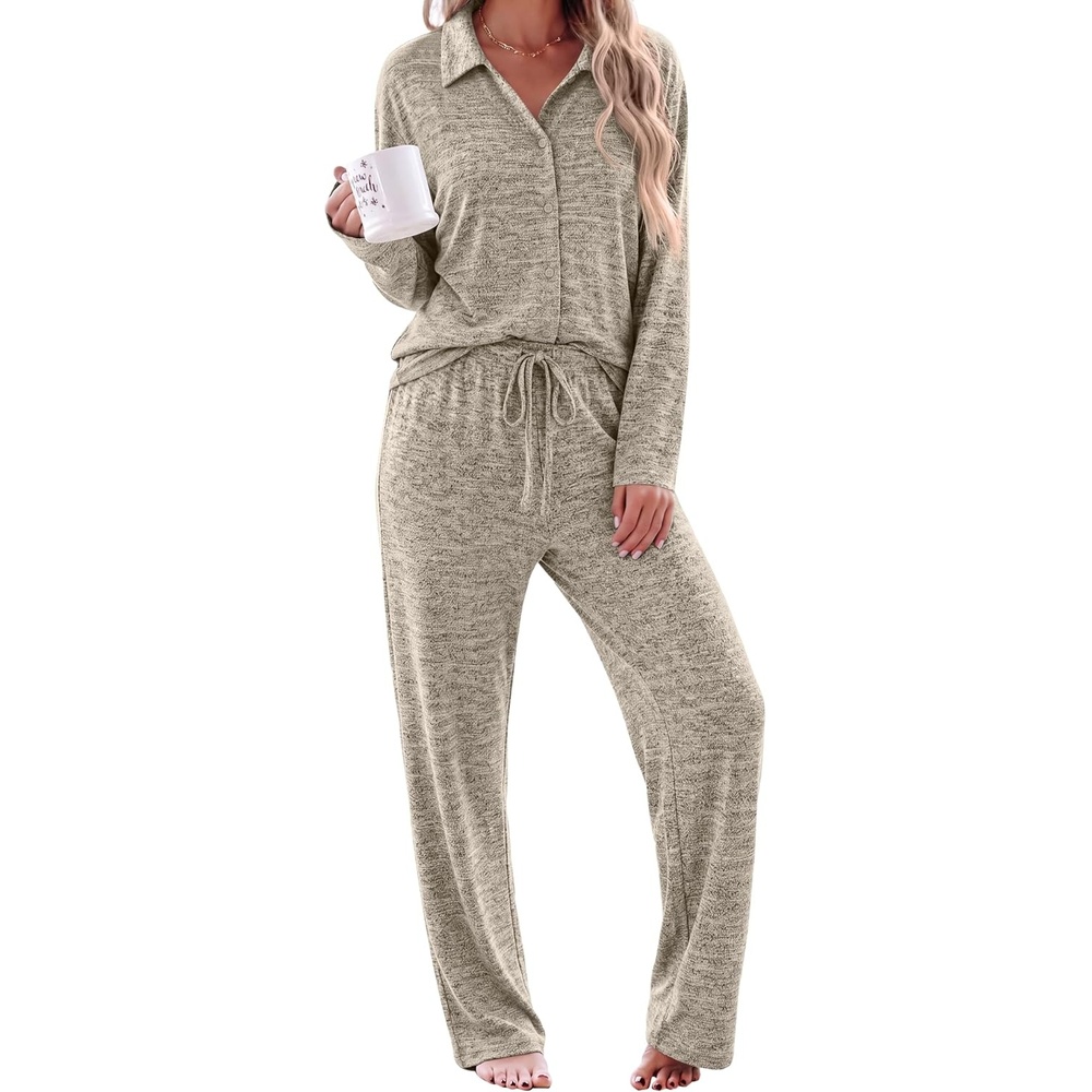 image:imageEkouaer Womens Pajama Sets Long Sleeve Button Down Lounge Sets with PocketsKhaki