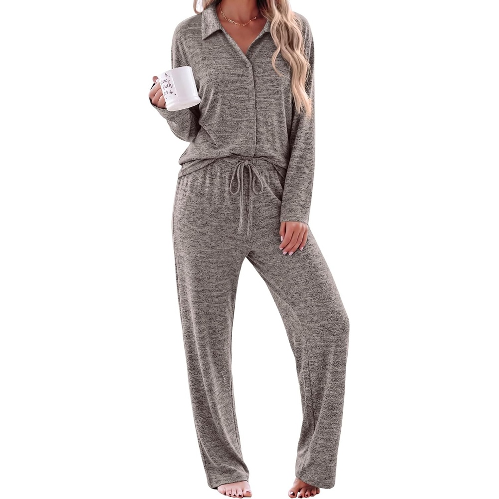 image:imageEkouaer Womens Pajama Sets Long Sleeve Button Down Lounge Sets with PocketsLight Beige