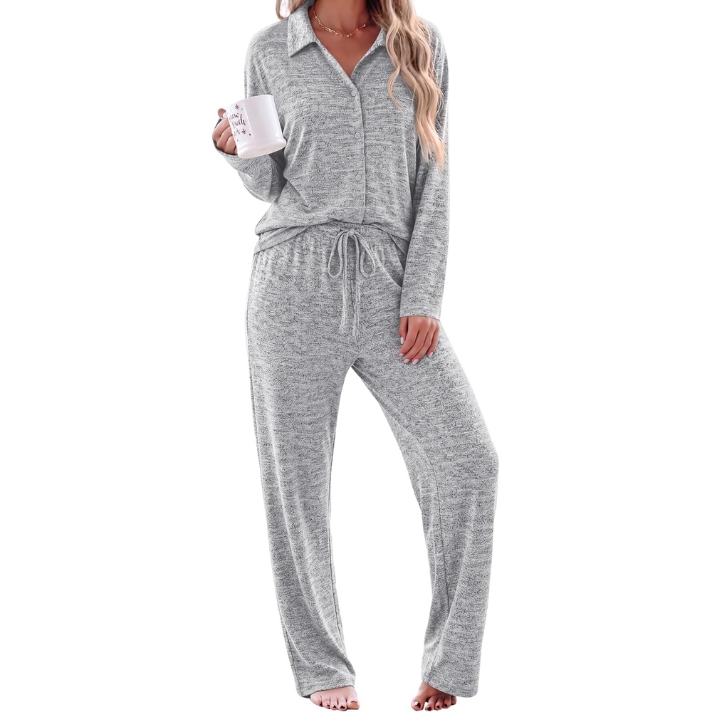 image:imageEkouaer Womens Pajama Sets Long Sleeve Button Down Lounge Sets with PocketsLight Heather Grey