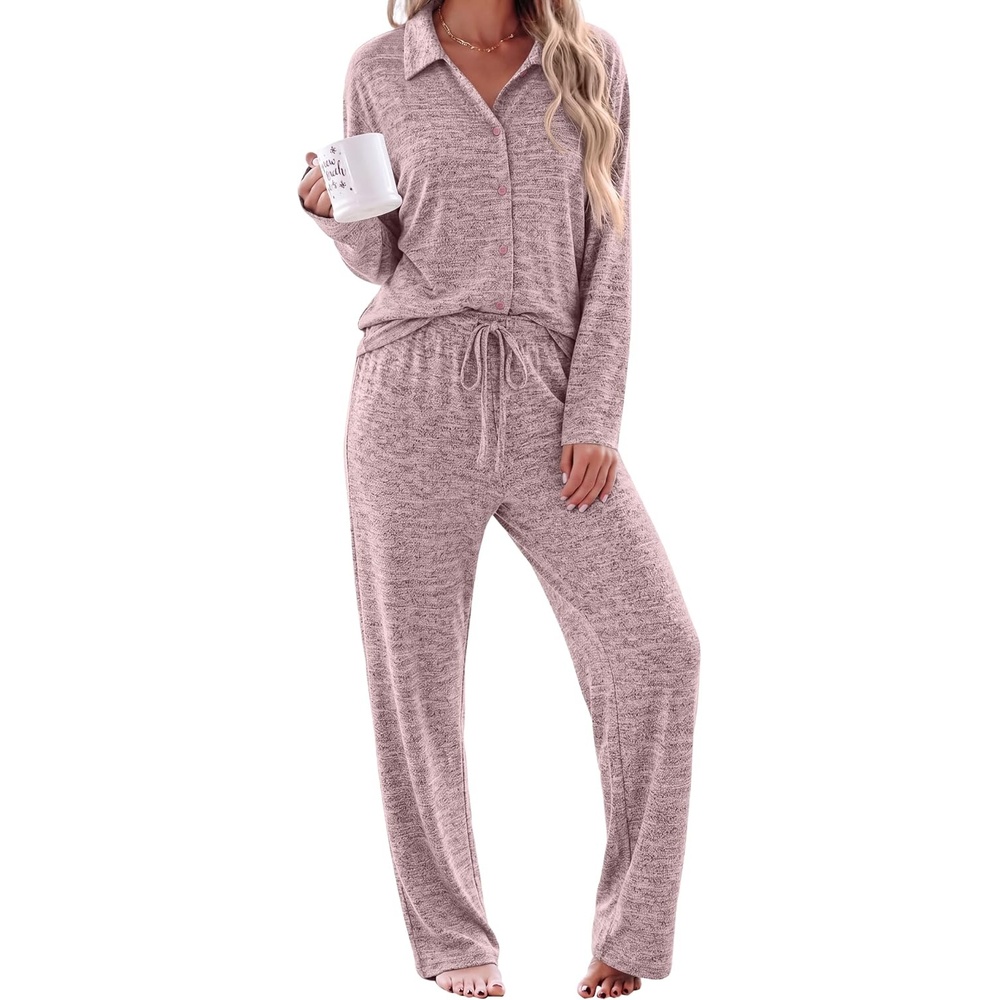 image:imageEkouaer Womens Pajama Sets Long Sleeve Button Down Lounge Sets with PocketsLight Pink