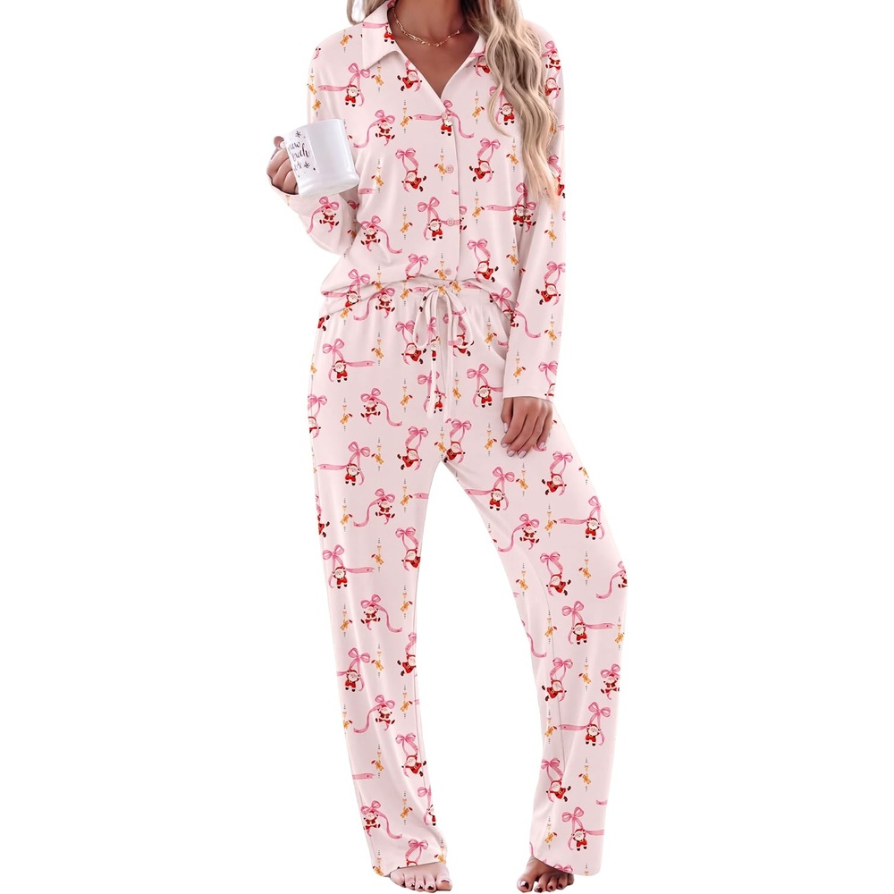 image:imageEkouaer Womens Pajama Sets Long Sleeve Button Down Lounge Sets with PocketsPink Santa Bow Gingerbread