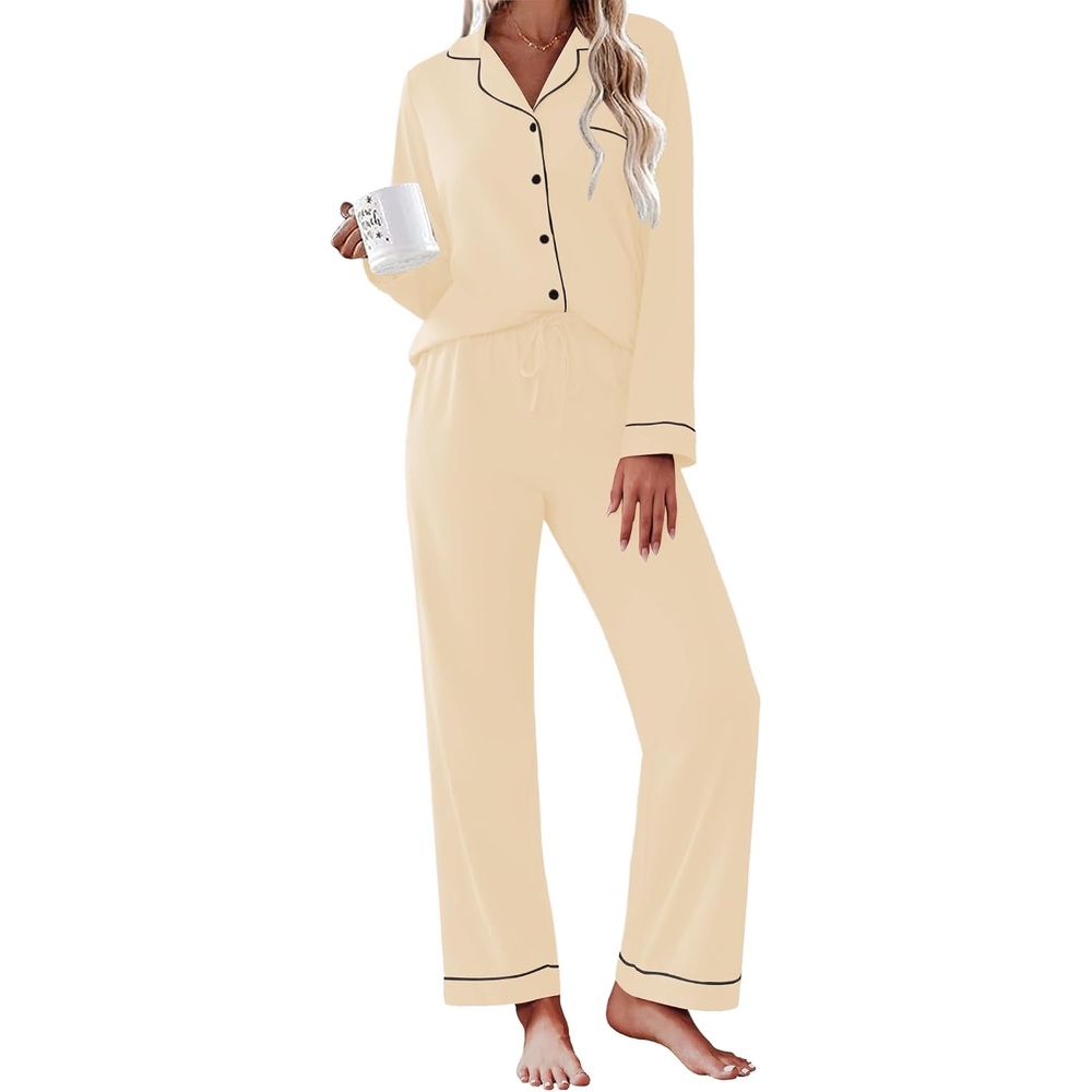image:imageEkouaer Womens Pajamas Set Cotton Long Sleeve Button Up 2 Piece Lounge PjsApricot
