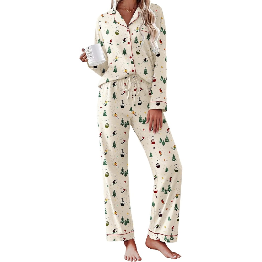 image:imageEkouaer Womens Pajamas Set Cotton Long Sleeve Button Up 2 Piece Lounge PjsChristmas Apricot