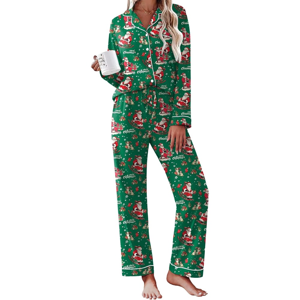 image:imageEkouaer Womens Pajamas Set Cotton Long Sleeve Button Up 2 Piece Lounge PjsChristmas Green