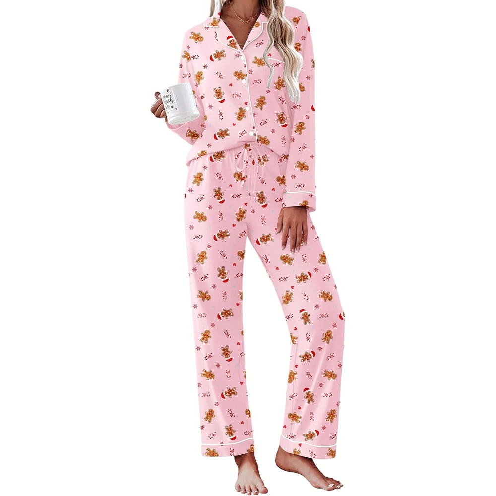 image:imageEkouaer Womens Pajamas Set Cotton Long Sleeve Button Up 2 Piece Lounge PjsChristmas Pink