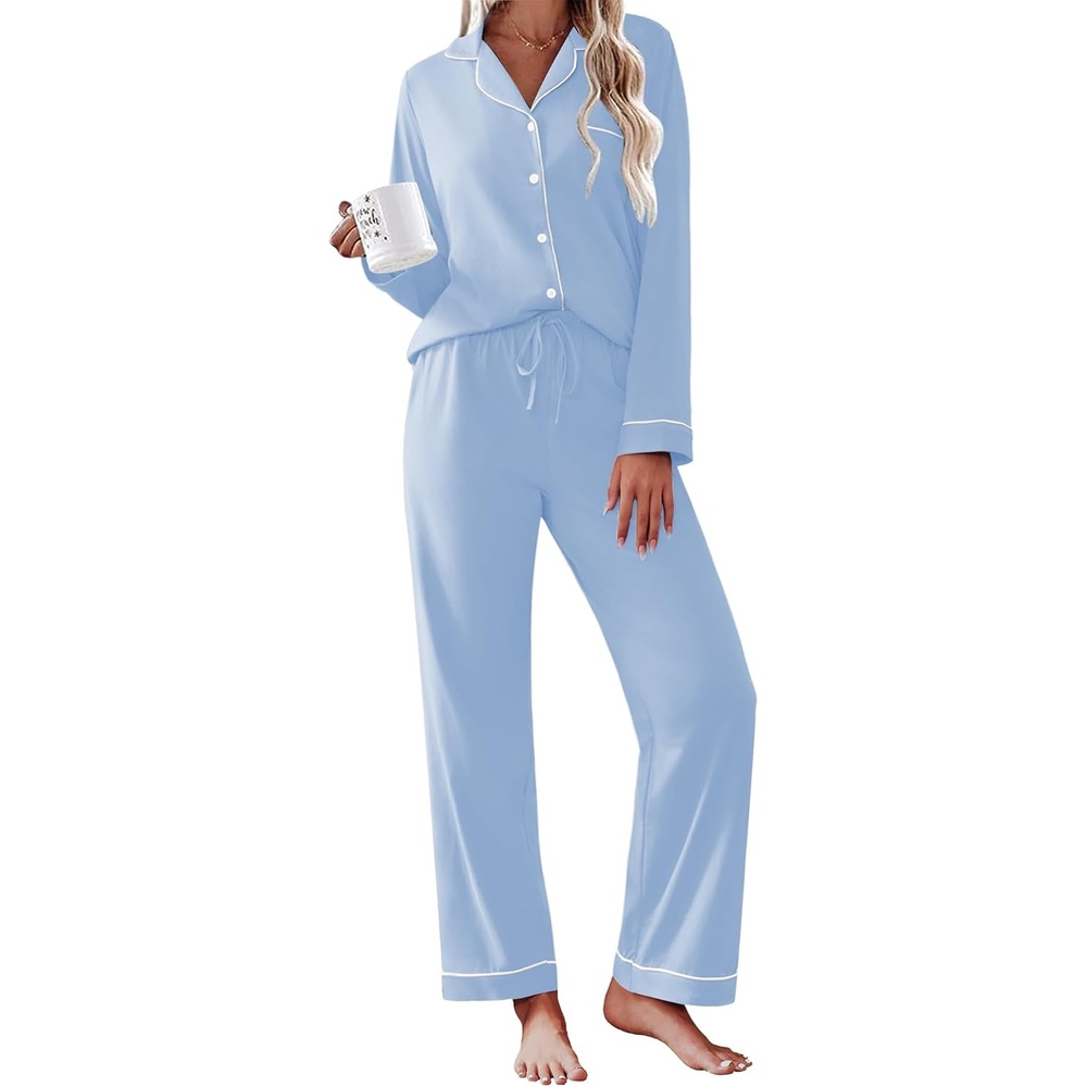 image:imageEkouaer Womens Pajamas Set Cotton Long Sleeve Button Up 2 Piece Lounge PjsLight Blue