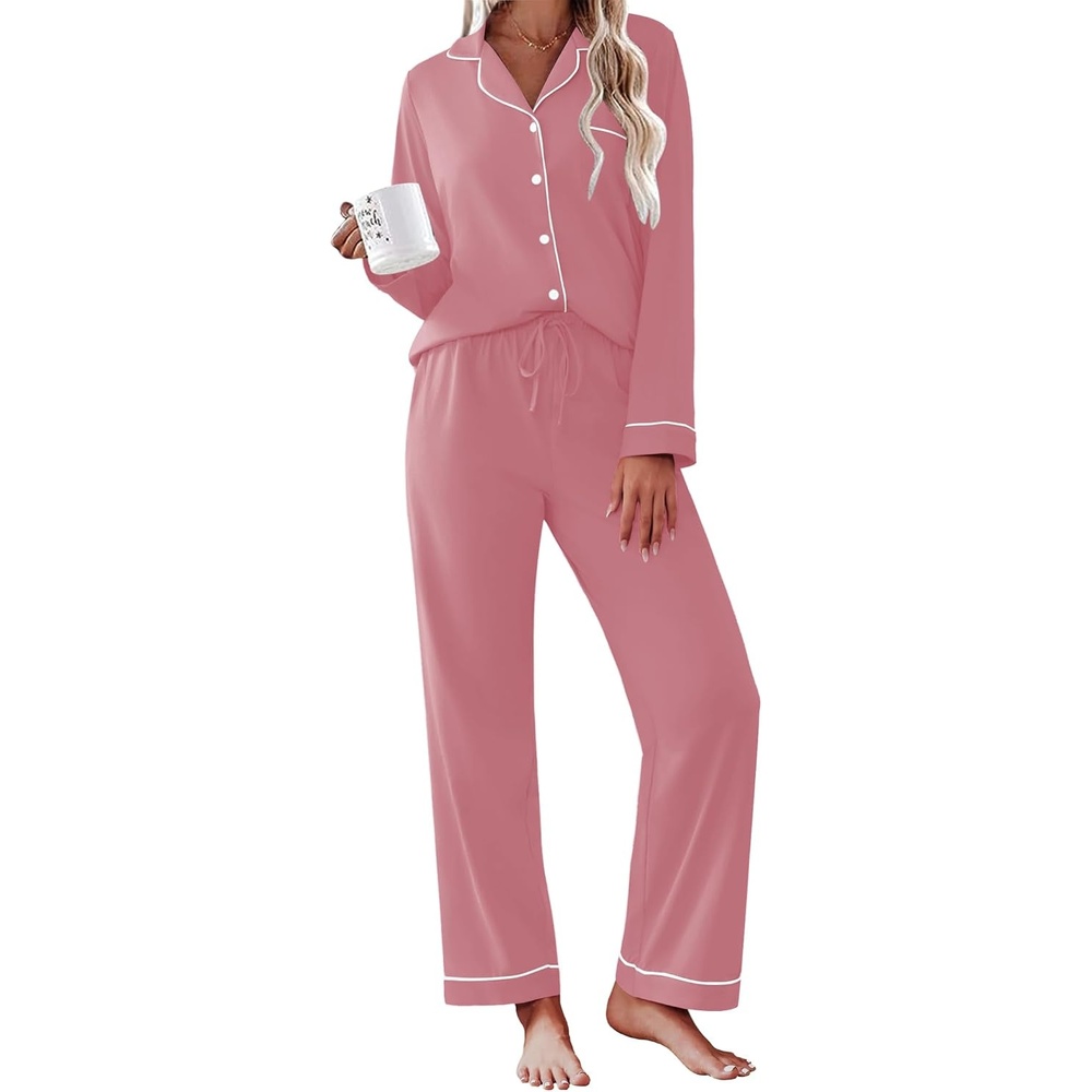 image:imageEkouaer Womens Pajamas Set Cotton Long Sleeve Button Up 2 Piece Lounge PjsPurple Red