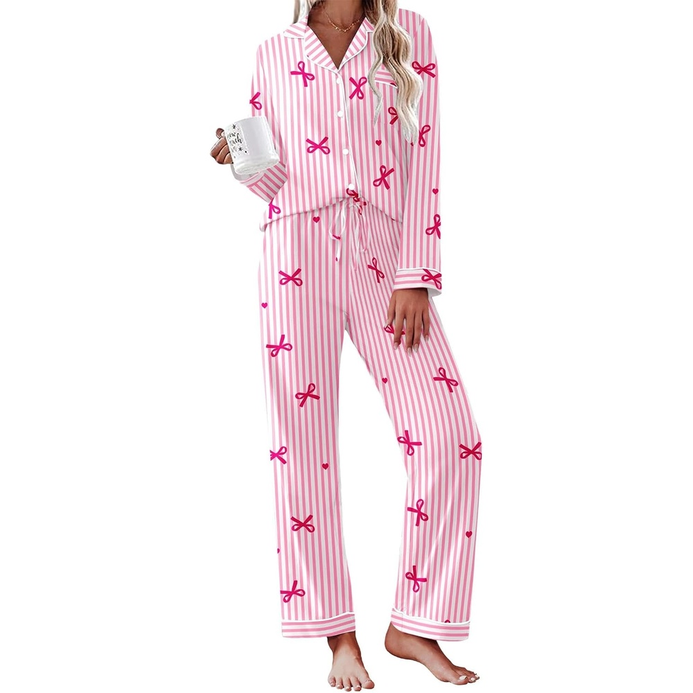 image:imageEkouaer Womens Pajamas Set Cotton Long Sleeve Button Up 2 Piece Lounge PjsStriped Pink Bow