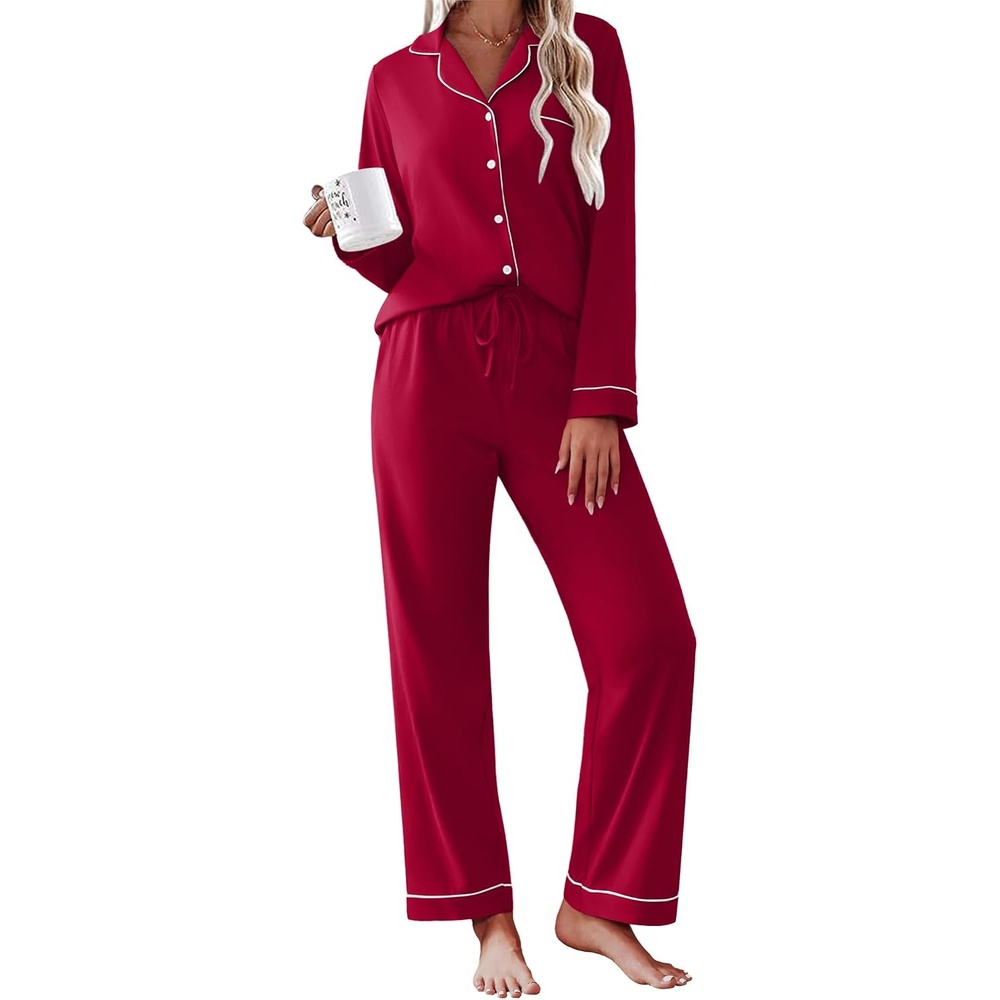 image:imageEkouaer Womens Pajamas Set Cotton Long Sleeve Button Up 2 Piece Lounge PjsWine