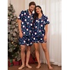 Ekouaer Couple Matching Pajamas Sets Silk Short Sleeve Button Up Sleepwear(Christmas Navy)