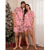 Ekouaer Couple Matching Pajamas Sets Silk Short Sleeve Button Up Sleepwear(Christmas Striped)