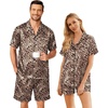 Ekouaer Couple Matching Pajamas Sets Silk Short Sleeve Button Up Sleepwear(Brown Leopard)