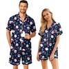 Ekouaer Couple Matching Pajamas Sets Silk Short Sleeve Button Up Sleepwear(Christmas Navy)