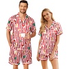 Ekouaer Couple Matching Pajamas Sets Silk Short Sleeve Button Up Sleepwear(Christmas Striped)