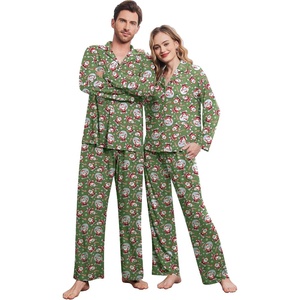 Ekouaer Couple Matching Pajamas Sets Long Sleeve Button Down Sleepwear(Green Santa)