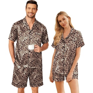 Ekouaer Couple Matching Pajamas Sets Silk Short Sleeve Button Up Sleepwear(Brown Leopard)