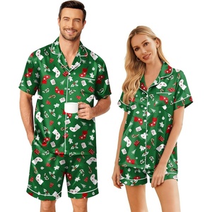 Ekouaer Couple Matching Pajamas Sets Silk Short Sleeve Button Up Sleepwear(Christmas Green)