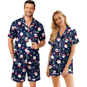 Ekouaer Couple Matching Pajamas Sets Silk Short Sleeve Button Up Sleepwear(Christmas Navy)