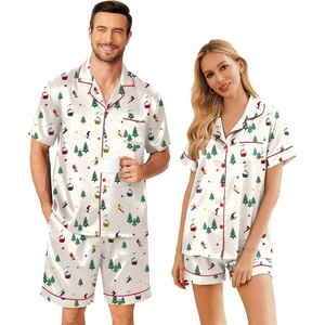 Ekouaer Couple Matching Pajamas Sets Silk Short Sleeve Button Up Sleepwear(Christmas Ski)