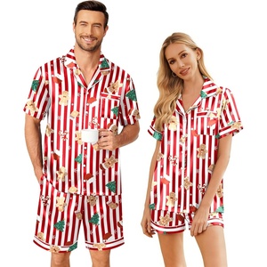 Ekouaer Couple Matching Pajamas Sets Silk Short Sleeve Button Up Sleepwear(Christmas Striped)