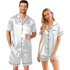 Ekouaer Couple Matching Pajamas Sets Silk Short Sleeve Button Up Sleepwear(Light Grey)