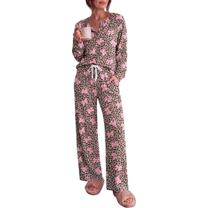 Ekouaer Lounge Sets for Women Soft 2 Piece Pajama Sets Long Sleeve Fall Outfits(Leopard + Bow)
