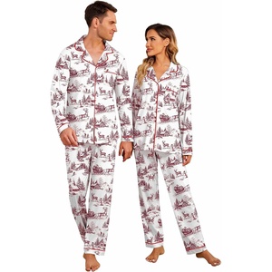 Ekouaer Matching Christmas Pajamas For Couples Festival Party Loungewear(Christmas Aurora Red-sketched Print)