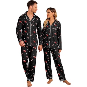 Ekouaer Matching Christmas Pajamas For Couples Festival Party Loungewear(Christmas Black Candy Cane)