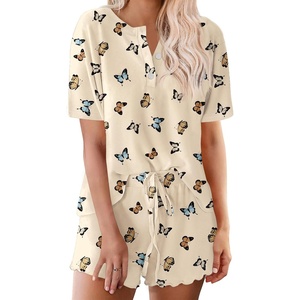 Ekouaer Pajamas Set for Women Short Sleeve Lounge Set 2 Piece Soft Cute Pjs(Beige Butterfly)
