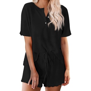Ekouaer Pajamas Set for Women Short Sleeve Lounge Set 2 Piece Soft Cute Pjs(Black)