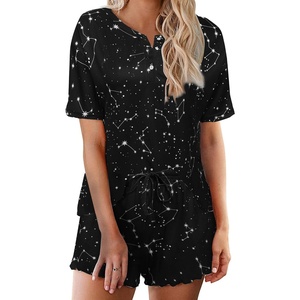 Ekouaer Pajamas Set for Women Short Sleeve Lounge Set 2 Piece Soft Cute Pjs(Black Sky)