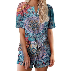 Ekouaer Pajamas Set for Women Short Sleeve Lounge Set 2 Piece Soft Cute Pjs(Blue Round Flower)