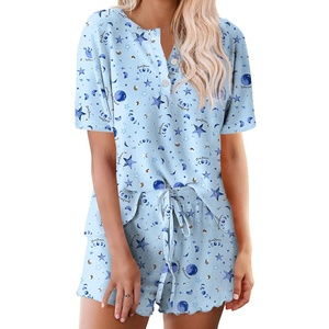 Ekouaer Pajamas Set for Women Short Sleeve Lounge Set 2 Piece Soft Cute Pjs(Blue Star)