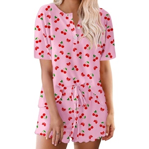Ekouaer Pajamas Set for Women Short Sleeve Lounge Set 2 Piece Soft Cute Pjs(Pink Cherry)