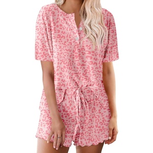 Ekouaer Pajamas Set for Women Short Sleeve Lounge Set 2 Piece Soft Cute Pjs(Pink Heart Leopard)