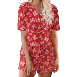 Ekouaer Pajamas Set for Women Short Sleeve Lounge Set 2 Piece Soft Cute Pjs(Red Bow)