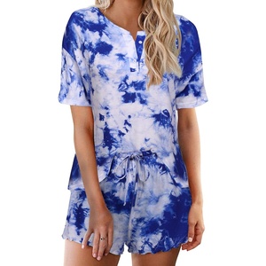 Ekouaer Pajamas Set for Women Short Sleeve Lounge Set 2 Piece Soft Cute Pjs(Tie Dye Blue White)